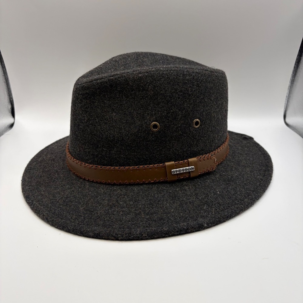 Stetson Mens Charcoal Gray Wool Blend Hat Brown Leather Band Medium
